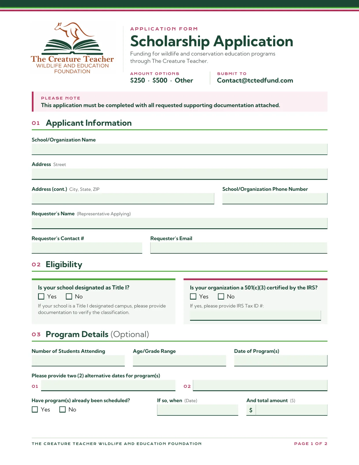 Page 1 of the Scholarship Application: applicant information, eligibility, and program details.