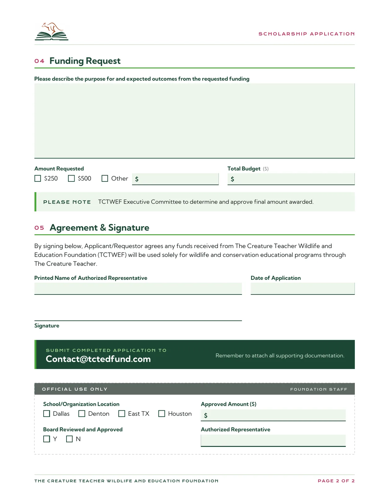 Page 2 of the Scholarship Application: funding request, agreement and signature, and an official-use section.